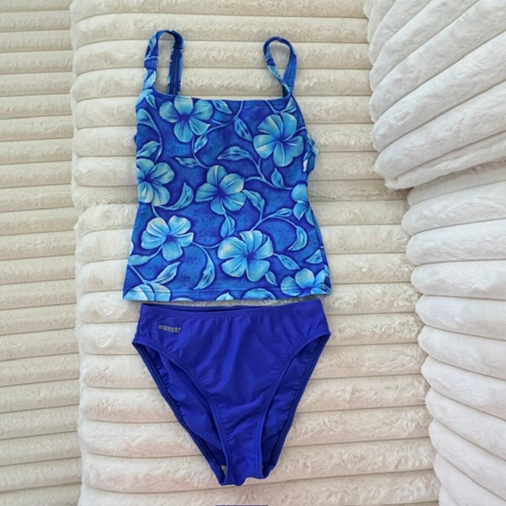 Vintage Speedo Blue Floral Tankini Swimsuit Set Shelf Bra Lined Bikini Women's 6